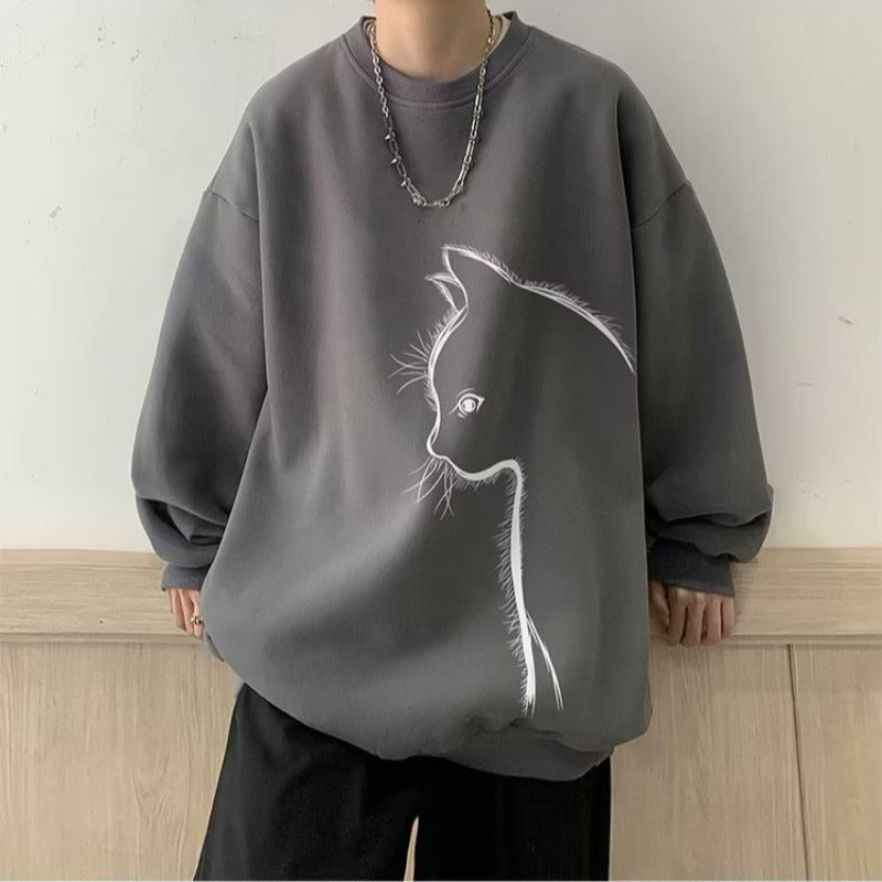 Cartoon Round Neck Fleece-lined Sweater Men