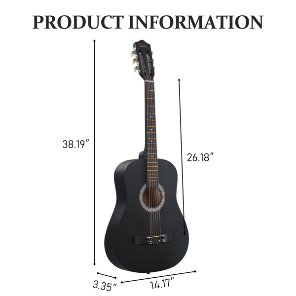 Matte Black 38-inch Round Acoustic Guitar With Picks, Strings, Capo, Case, Tuner, And Strap
