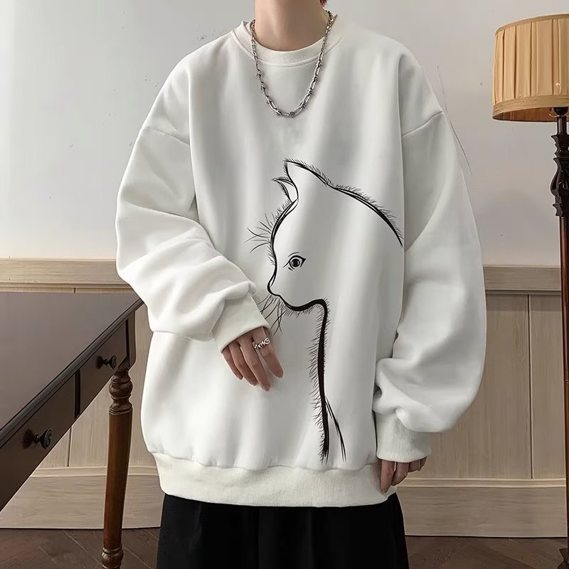 Cartoon Round Neck Fleece-lined Sweater Men