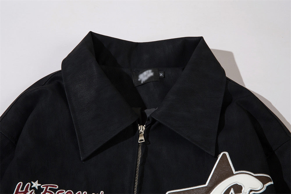 PU Leather Polo Collar Jacket Men