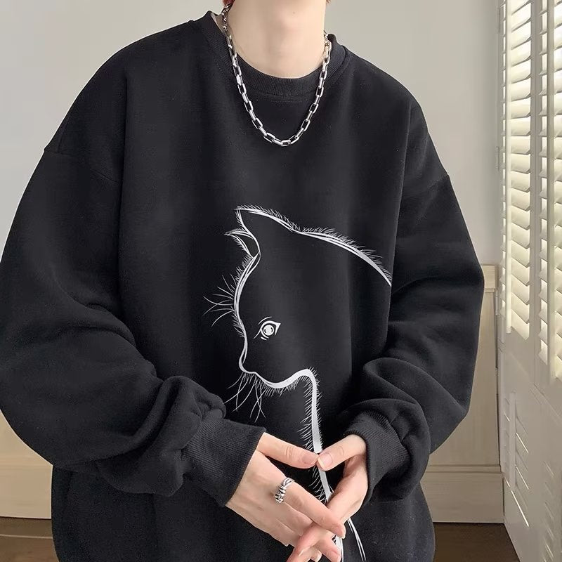 Cartoon Round Neck Fleece-lined Sweater Men