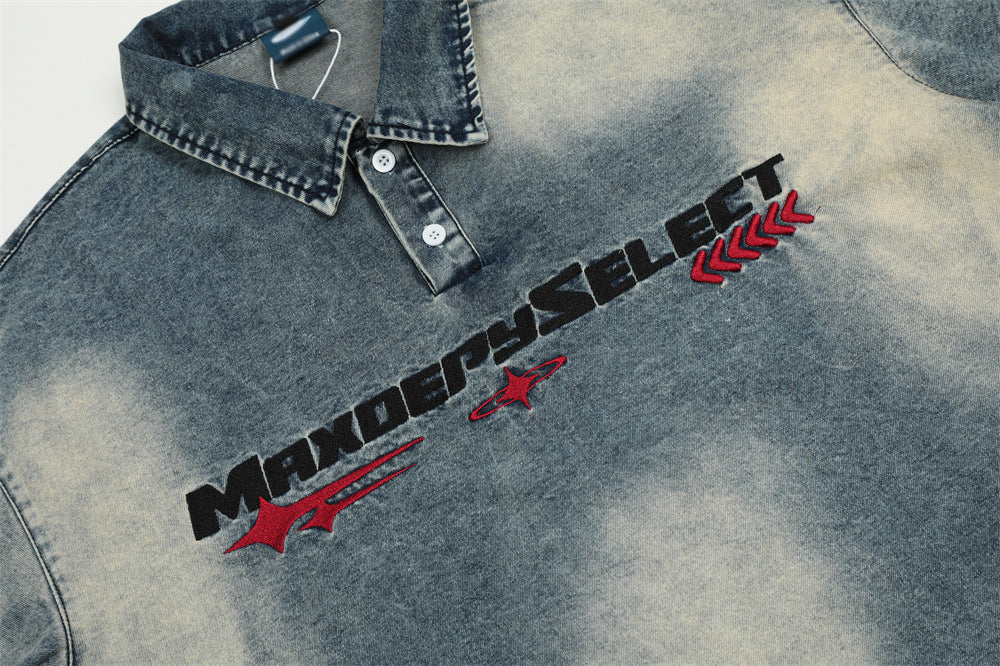 Fashion Short Sleeve Denim Polo Shirt Men