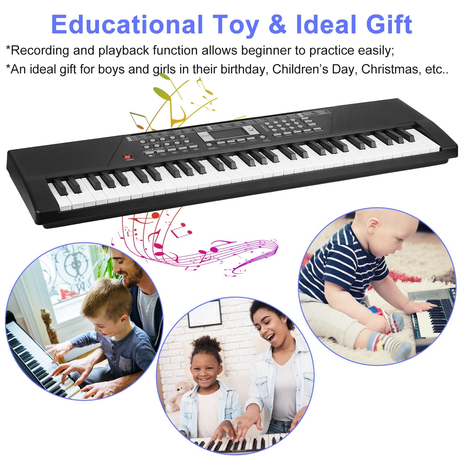 3 Types Options -- 1Pc 61 Keys Digital Music Keyboard Electric Piano Electronic Musical Instrument Kids Learning Keyboard With Microphone Stand For 3-12 Year Old Kids Girls Boys