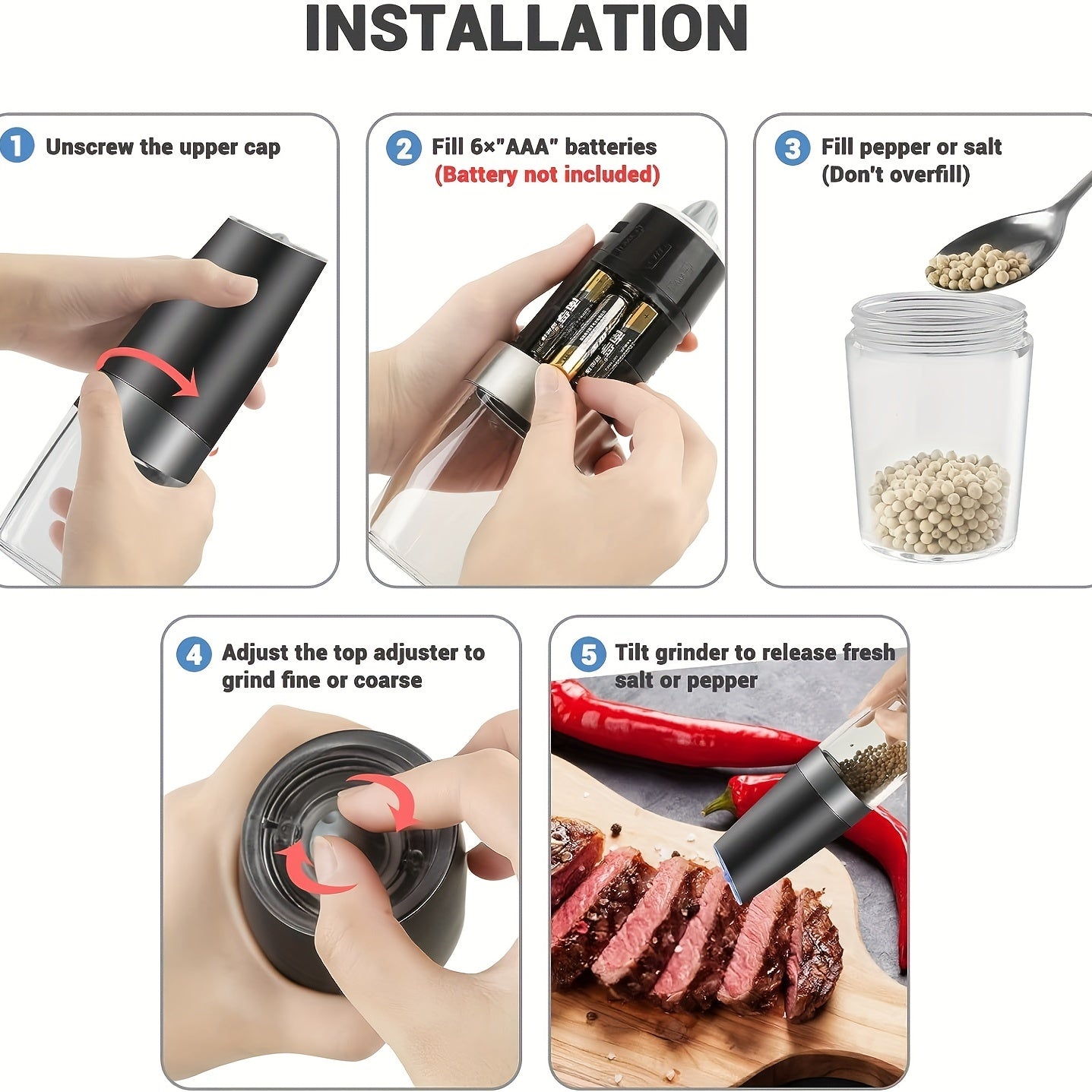 Aroefa 2pcs Gravity Electric Salt and Pepper Grinder Set - Aroefa