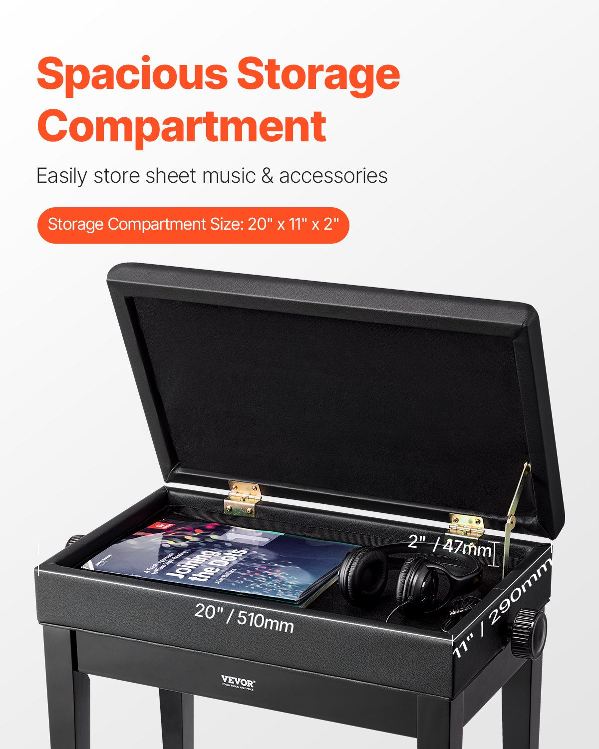 Piano Bench, 22" X 13" X 19.3", Keyboard Piano Chair With 19.3"-22.8" Adjustable Height, Padded Cushion, Storage Compartment For Music Books, Wooden Piano Stool Seat, For Vanity, Living Room