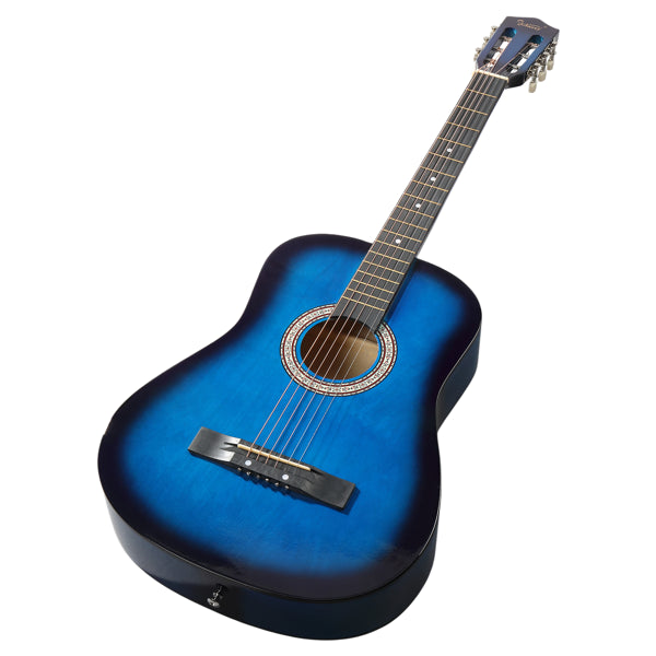 Blue 38-inch Round Acoustic Guitar With Picks, Strings, Capo, Case, Tuner, And Strap