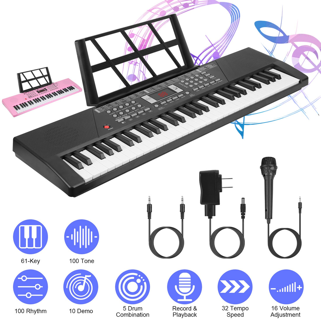 3 Types Options -- 1Pc 61 Keys Digital Music Keyboard Electric Piano Electronic Musical Instrument Kids Learning Keyboard With Microphone Stand For 3-12 Year Old Kids Girls Boys