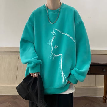 Cartoon Round Neck Fleece-lined Sweater Men