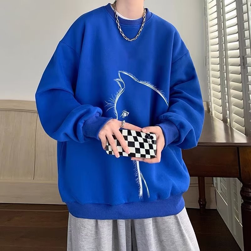 Cartoon Round Neck Fleece-lined Sweater Men