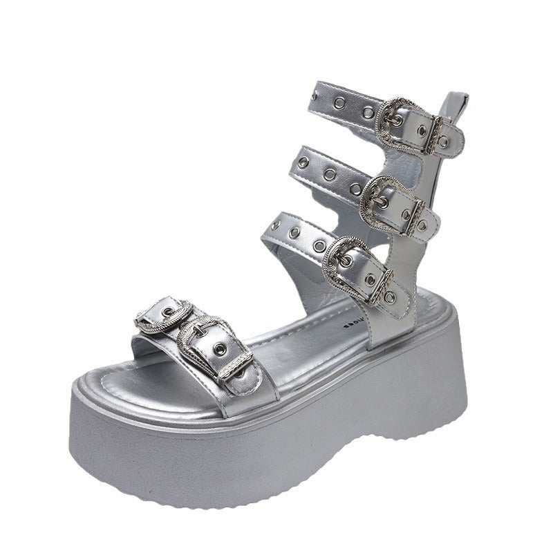 Summer New Korean Style Fashion Square Buckle Muffin Flat Sandal Boots Women