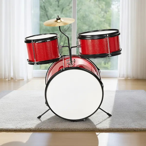 3-Pieces Junior Kids Drum Set Kit Pedal Drum Stick Wrench Drum Stool Red