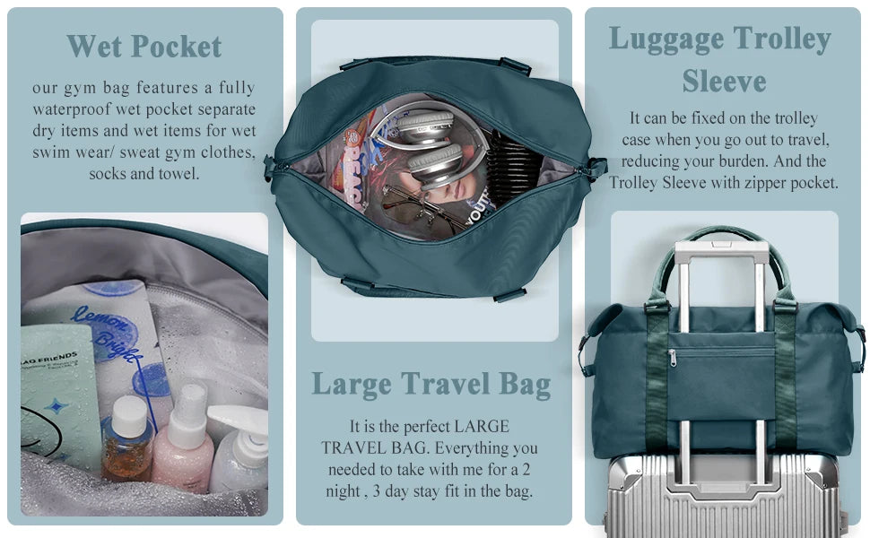 Travel Duffel Bag for Women Sports Tote Gym Bag Shoulder Weekender Overnight Bag with Trolley Sleeve for Airplanes Carry on Bag