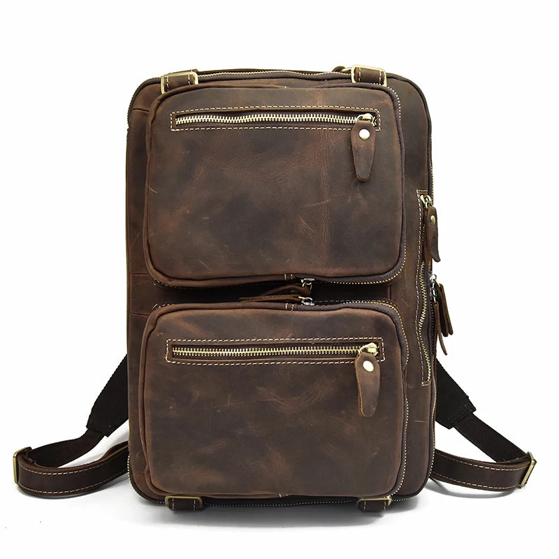 High Quality Leather Backpack Double Zipper Cowhide Backpacks Brief Case Travel Office Dual Use Shoulder Bags Pure Leather