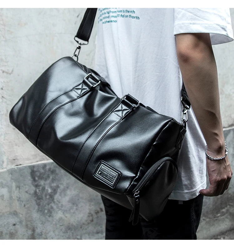 Leather Travel Duffel Bag for Men Women, Vintage Waterproof Bag with Shoe Pouch, Overnight Gym Sports Carry-On Weekend Tote Bag