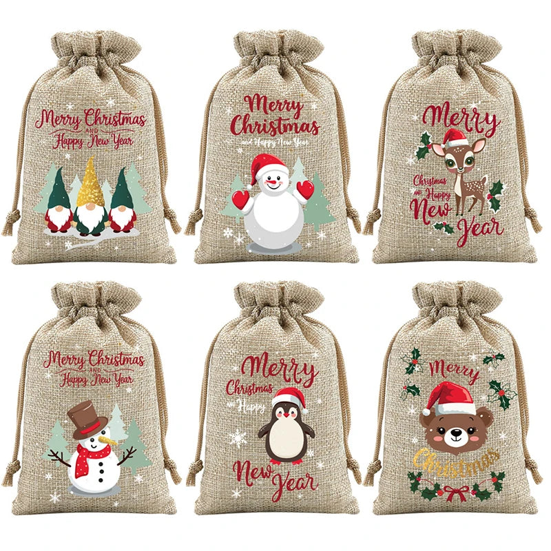 6 Pcs Christmas Small Burlap Bags With Drawstring, Burlap Gift Bags Christmas Treat Sacks Gift Wrapping Bags