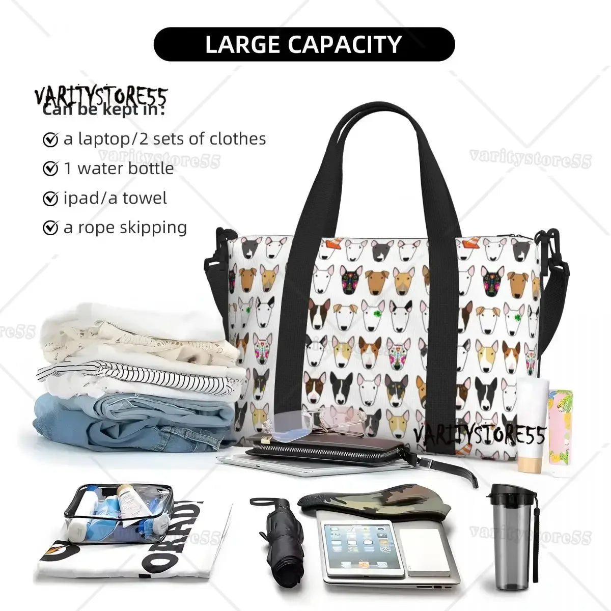 Custom Bull Terrier Dog Repeat Pattern Tote Bag Women Large Capacity Animal Beach Gym Shoulder Travel Bag