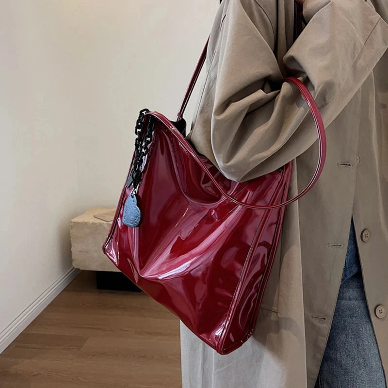 Purse Casual Travel Shopping Totes Solid Color Patent Leather Women Fashion Shoulder Bag Ladies Simple Luxury Handbag