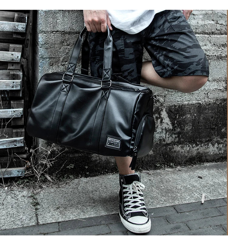 Leather Travel Duffel Bag for Men Women, Vintage Waterproof Bag with Shoe Pouch, Overnight Gym Sports Carry-On Weekend Tote Bag