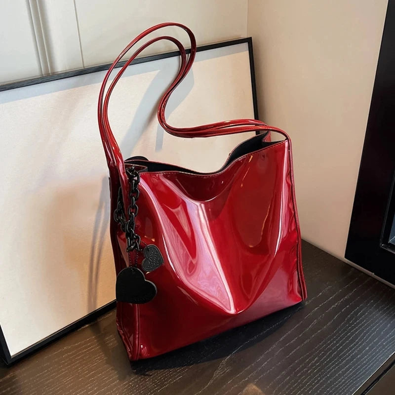 Purse Casual Travel Shopping Totes Solid Color Patent Leather Women Fashion Shoulder Bag Ladies Simple Luxury Handbag