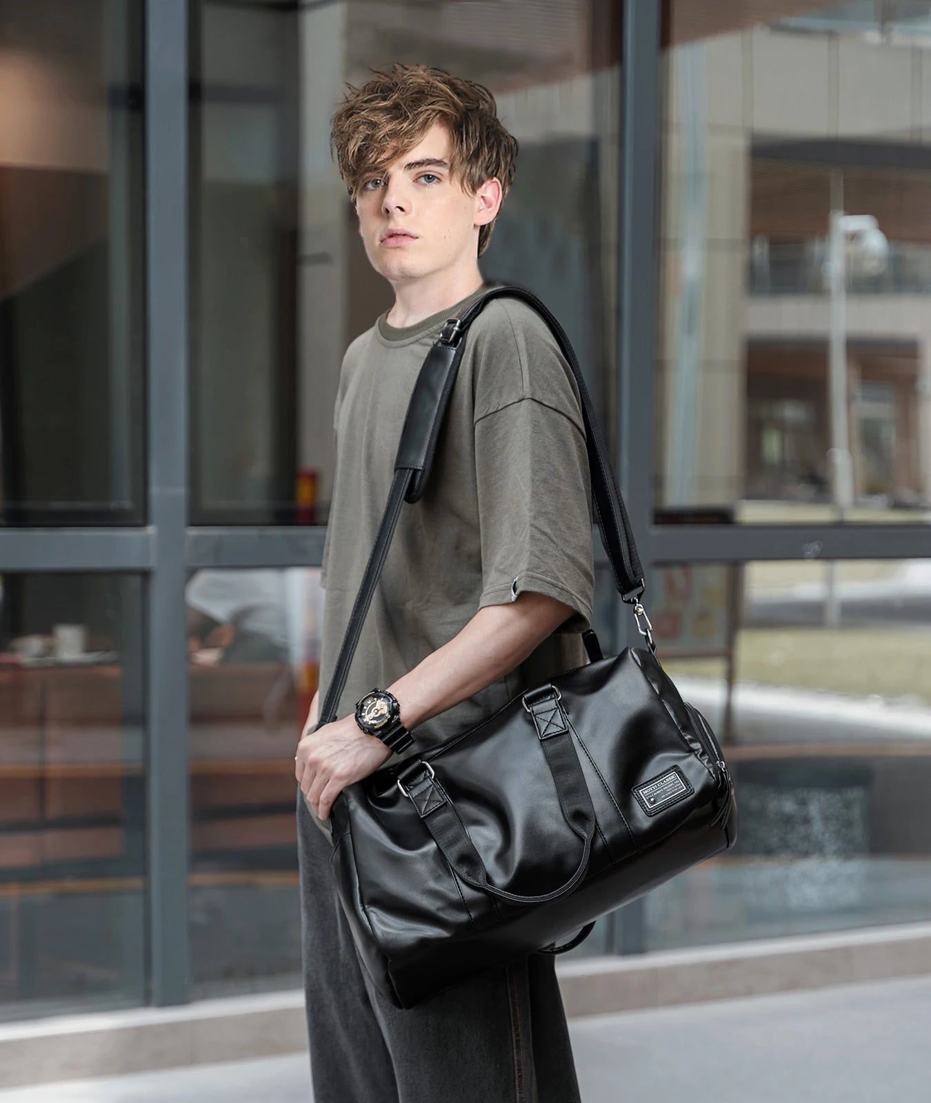 Leather Travel Duffel Bag for Men Women, Vintage Waterproof Bag with Shoe Pouch, Overnight Gym Sports Carry-On Weekend Tote Bag