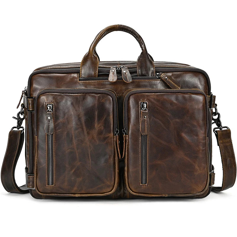 High Quality Leather Backpack Double Zipper Cowhide Backpacks Brief Case Travel Office Dual Use Shoulder Bags Pure Leather