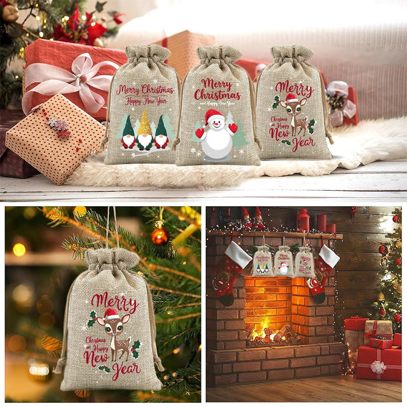 6 Pcs Christmas Small Burlap Bags With Drawstring, Burlap Gift Bags Christmas Treat Sacks Gift Wrapping Bags