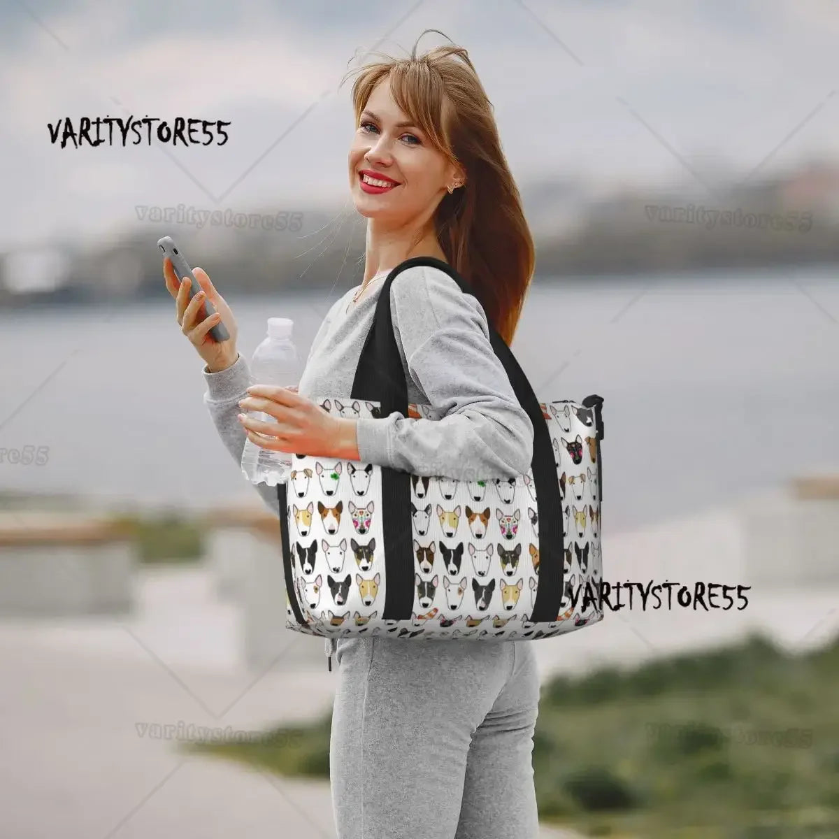Custom Bull Terrier Dog Repeat Pattern Tote Bag Women Large Capacity Animal Beach Gym Shoulder Travel Bag