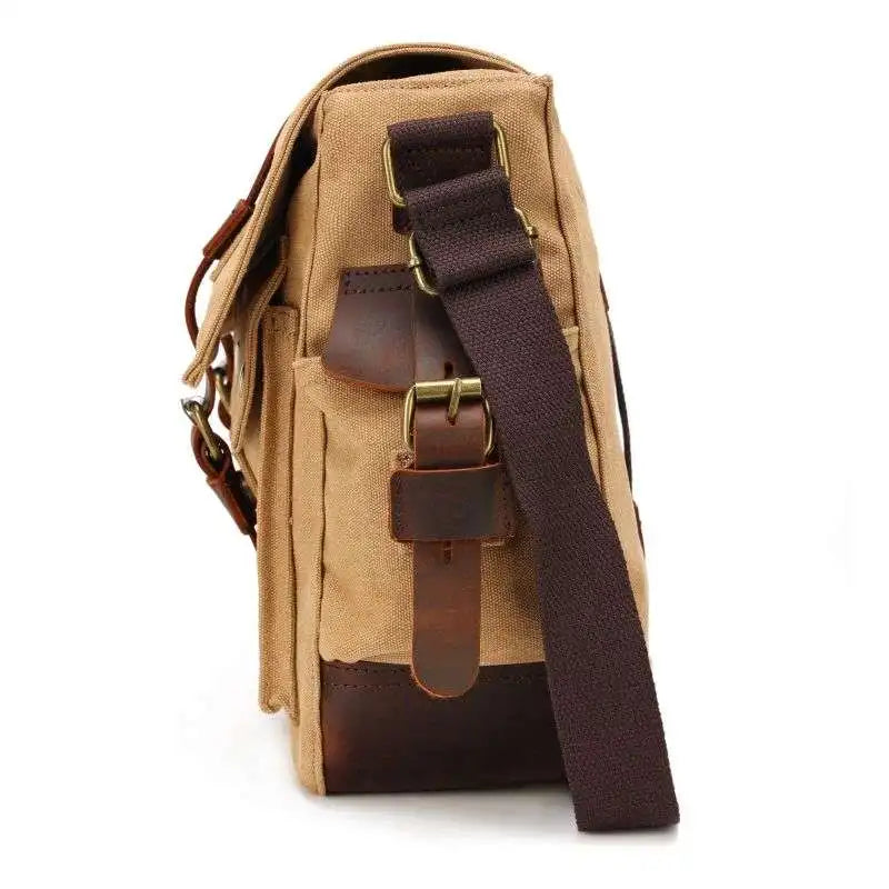 [Messenger Bag] Men Vintage Design Messenger Bag Waterproof Waxed Canvas Crazy Horse Leather Shoulder Bag Outdoor Casual Bag