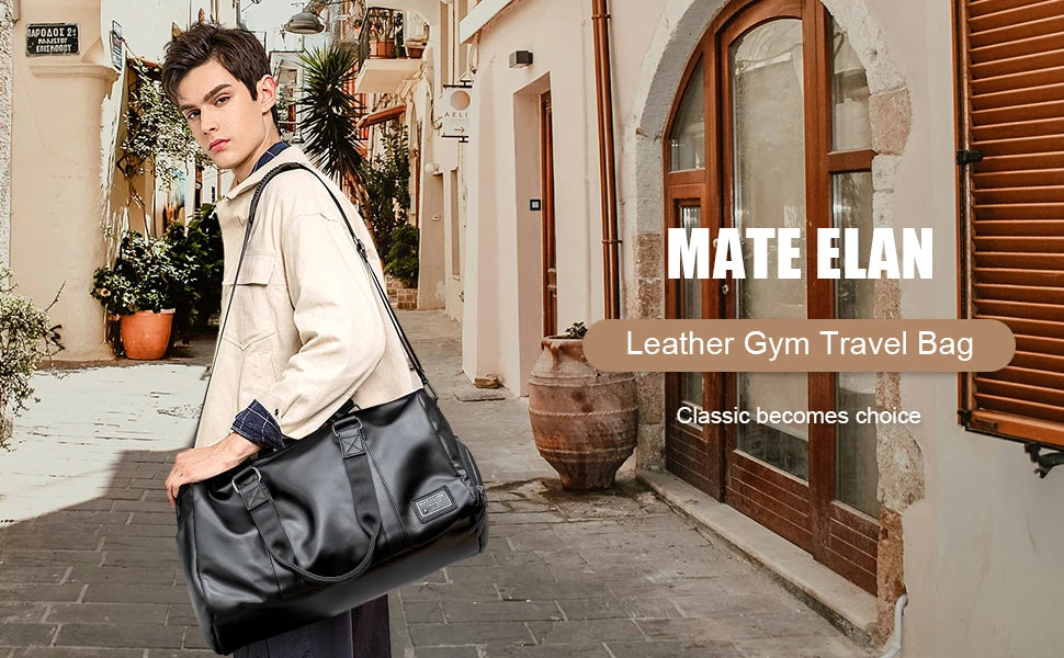 Leather Travel Duffel Bag for Men Women, Vintage Waterproof Bag with Shoe Pouch, Overnight Gym Sports Carry-On Weekend Tote Bag