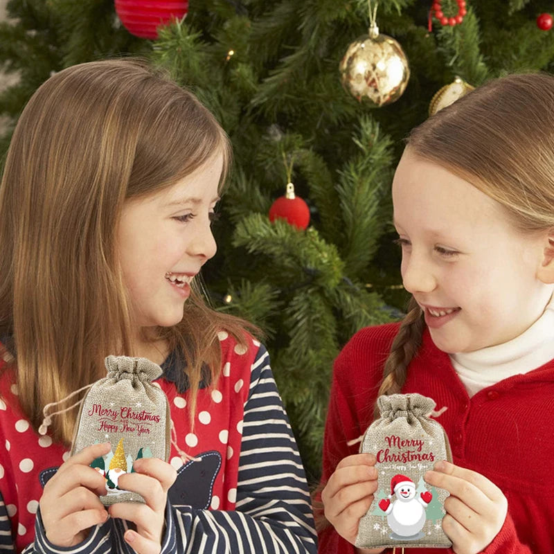 6 Pcs Christmas Small Burlap Bags With Drawstring, Burlap Gift Bags Christmas Treat Sacks Gift Wrapping Bags