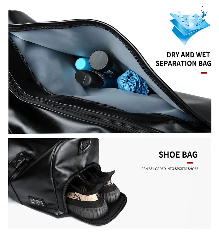 Leather Travel Duffel Bag for Men Women, Vintage Waterproof Bag with Shoe Pouch, Overnight Gym Sports Carry-On Weekend Tote Bag