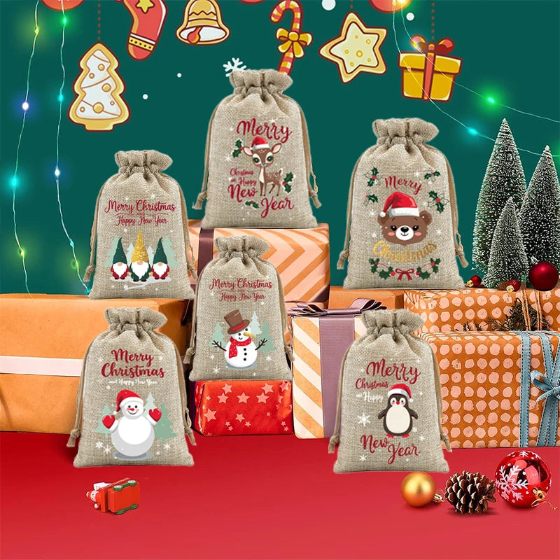 6 Pcs Christmas Small Burlap Bags With Drawstring, Burlap Gift Bags Christmas Treat Sacks Gift Wrapping Bags