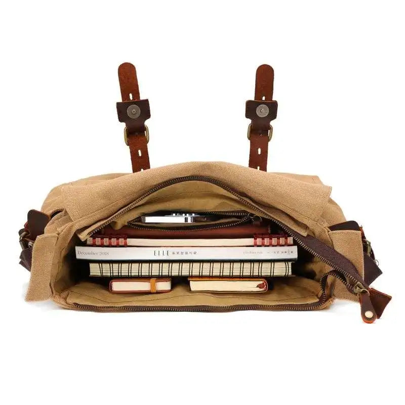[Messenger Bag] Men Vintage Design Messenger Bag Waterproof Waxed Canvas Crazy Horse Leather Shoulder Bag Outdoor Casual Bag
