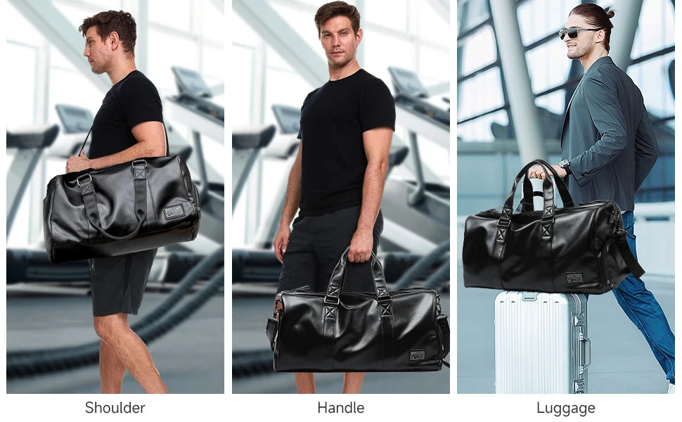 Leather Travel Duffel Bag for Men Women, Vintage Waterproof Bag with Shoe Pouch, Overnight Gym Sports Carry-On Weekend Tote Bag