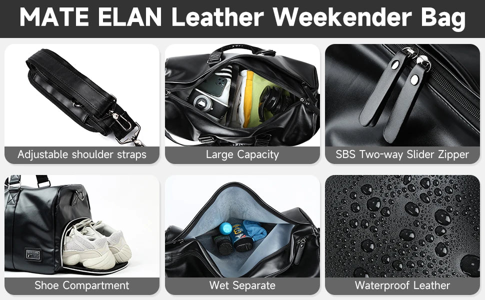 Leather Travel Duffel Bag for Men Women, Vintage Waterproof Bag with Shoe Pouch, Overnight Gym Sports Carry-On Weekend Tote Bag