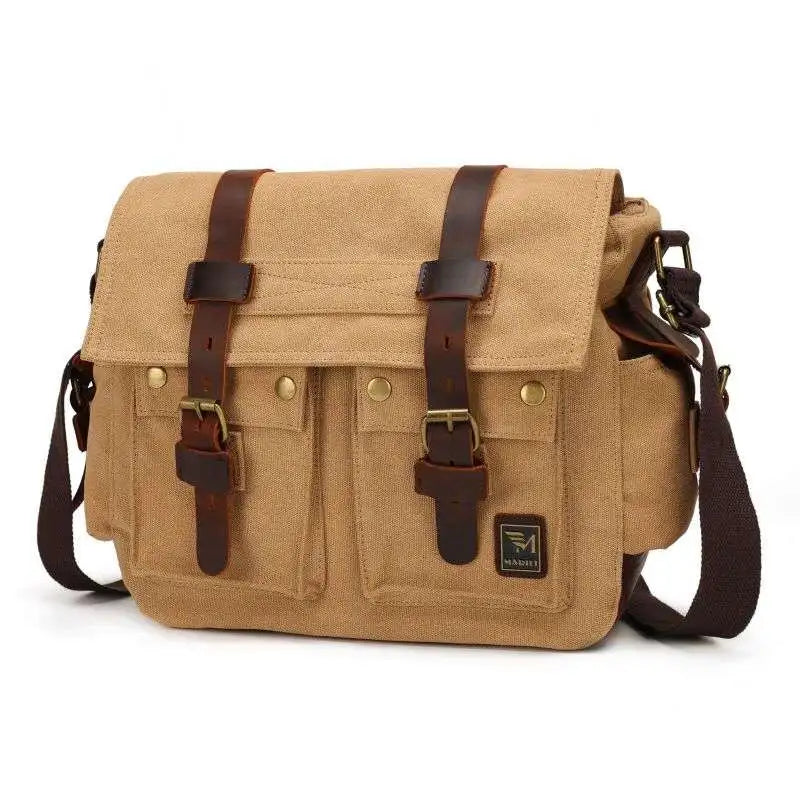 [Messenger Bag] Men Vintage Design Messenger Bag Waterproof Waxed Canvas Crazy Horse Leather Shoulder Bag Outdoor Casual Bag