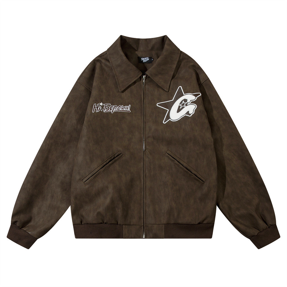 PU Leather Polo Collar Jacket Men