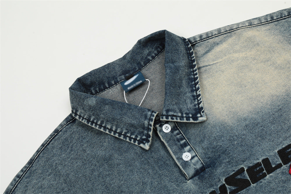 Fashion Short Sleeve Denim Polo Shirt Men