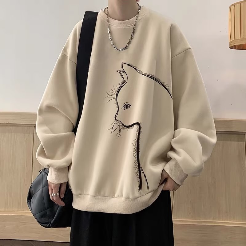 Cartoon Round Neck Fleece-lined Sweater Men