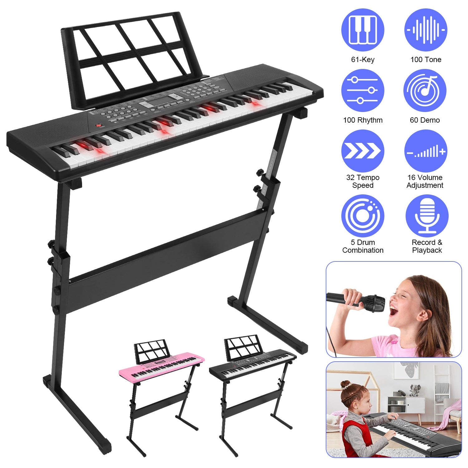 3 Types Options -- 1Pc 61 Keys Digital Music Keyboard Electric Piano Electronic Musical Instrument Kids Learning Keyboard With Microphone Stand For 3-12 Year Old Kids Girls Boys