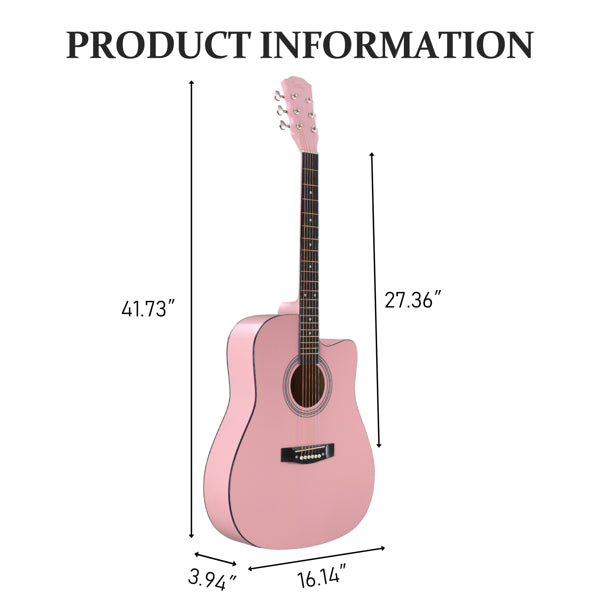 Pink 41-inch Dreadnought Barrel-shaped Cutaway Acoustic Guitar With Pick, Strings, Capo, Gig Bag, Tuner, Wrench Tool, And Shoulder Strap