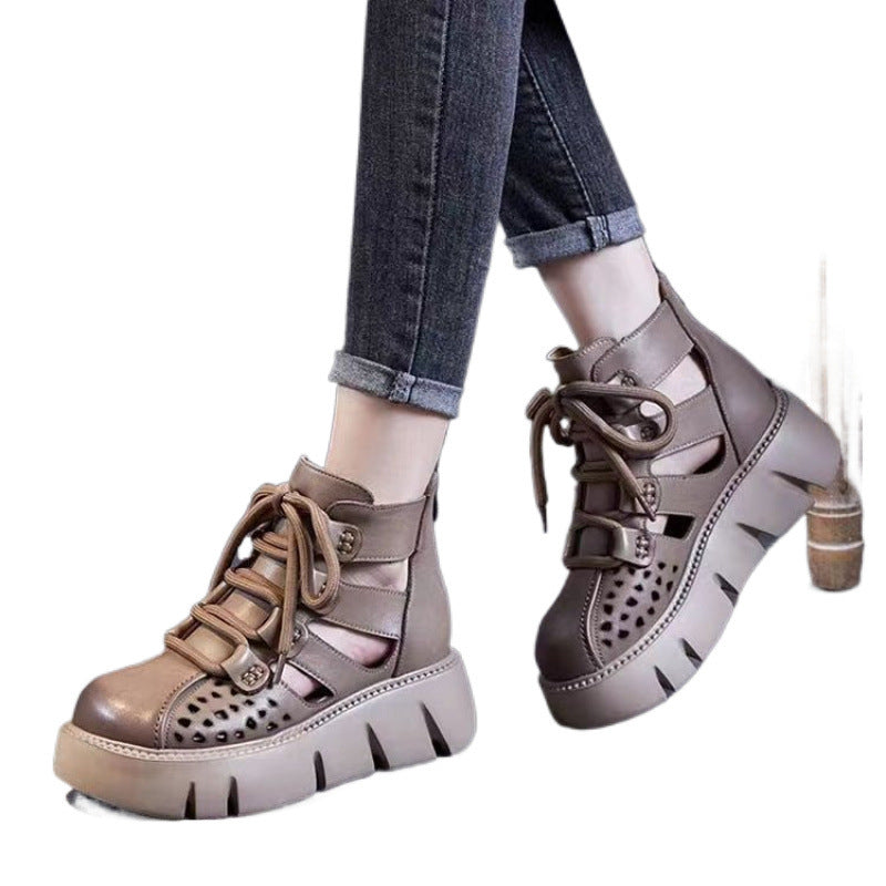 Women's Platform Sandals All-matching Hollow Hole Hole Shoes Fashion Soft Leather Cowhide Sandal Boots
